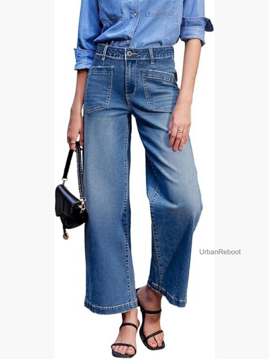 Denim - High Waisted Wide Leg Stretchy Jeans Straight Leg Ankle Denim Pants